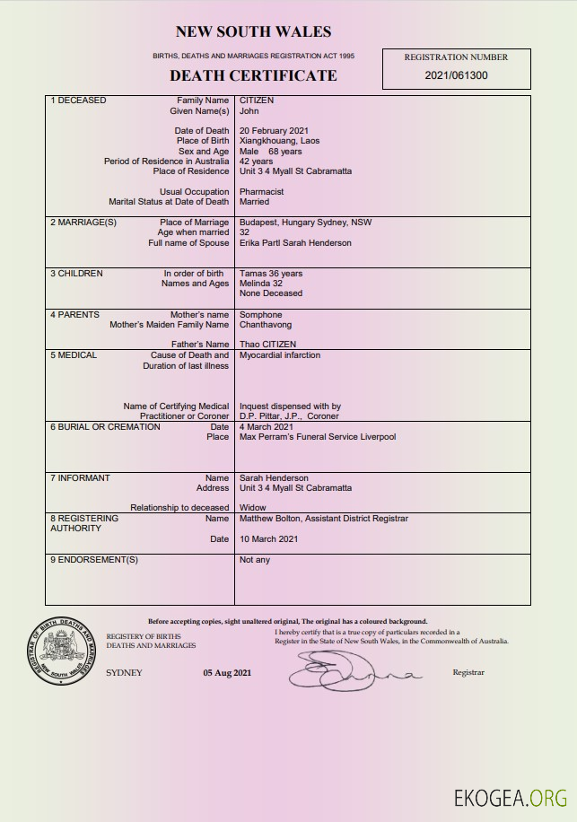 Modèle de certificat de décès Australie Nouvelle Galles du Sud au format Word et PDF